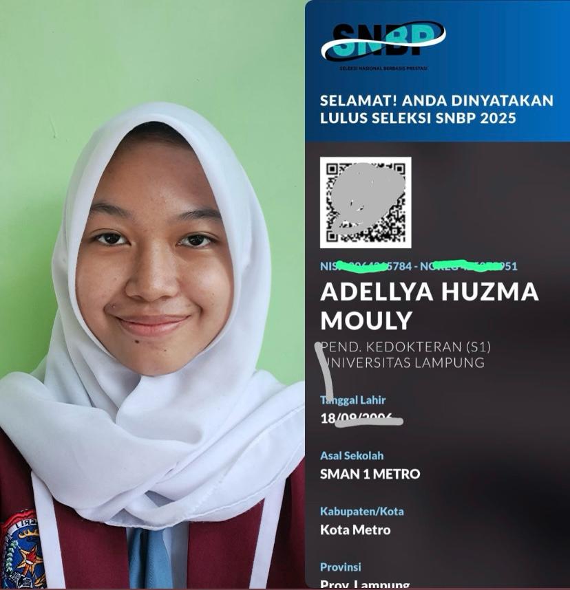 Adell Siswi SMAN 1 Metro Lulus Fakultas Kedokteran Unila